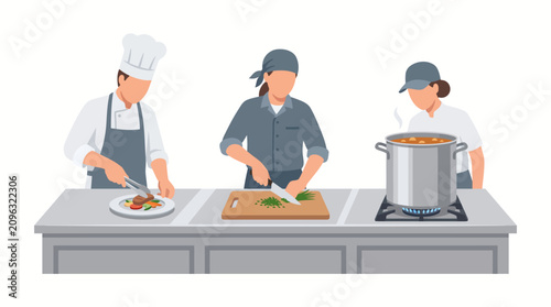 Photos Chefs work together in a professional restaurant kitchen to prepare gourmet meals on a stainless counter