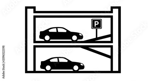 Parking garage icon displays multiple levels for vehicles on white background