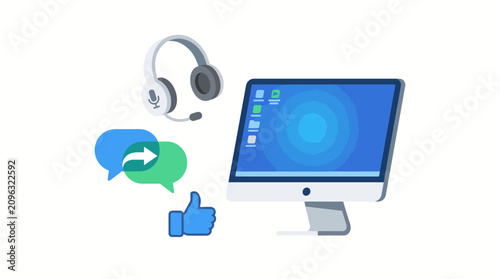 Cuadro en lienzo Computer workstation and headset equipment represent a modern digital customer support environment for remote business operations