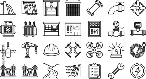 Foto Hydroelectric power line icons vector set with hydro dam infrastructure renewab