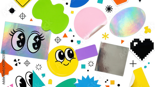 A colorful assortment of assorted creative sticker shapes including holographic surfaces cartoon eyes geometric figures vibrant patches and decorative elements arranged in a chaotic layout