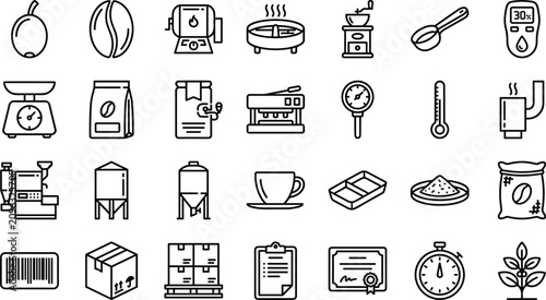 Foto Coffee roasting line icons vector set with industrial production coffee bag pro
