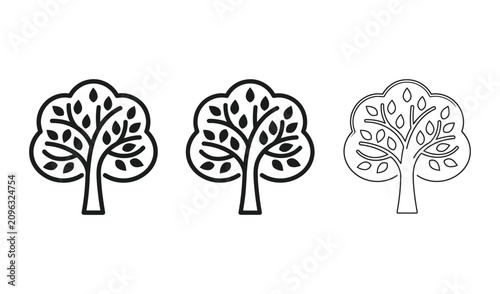 Minimalist black and white line art illustration of three stylized trees with lush foliage and curved trunks on white background