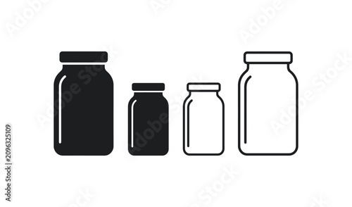Minimalist black and white illustration of four glass jars with lids in varying sizes, isolated on white background