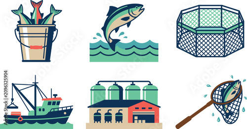 Quadro su tela Commercial fishing industry icons set featuring fish farm cage trawler boat net