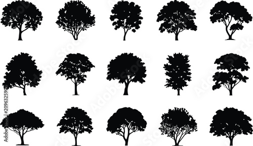 Collection of realistic tree silhouette vectors featuring diverse forest canopy shapes isolated on white background for landscaping, nature, botanical design