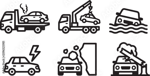 Photos Set of black and white car accident and vehicle breakdown service icons