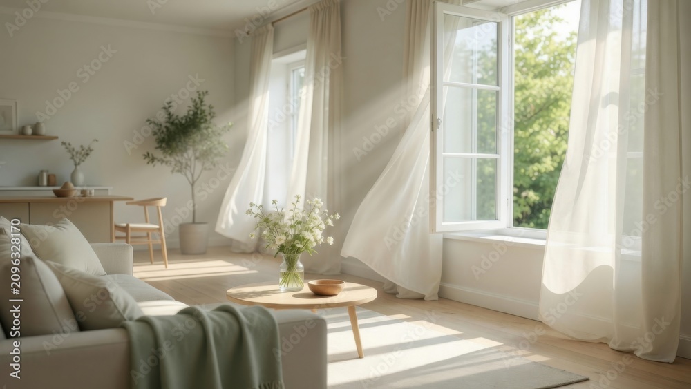 Fototapeta premium Bright Living Room with Sheer Curtains Blowing in Breeze