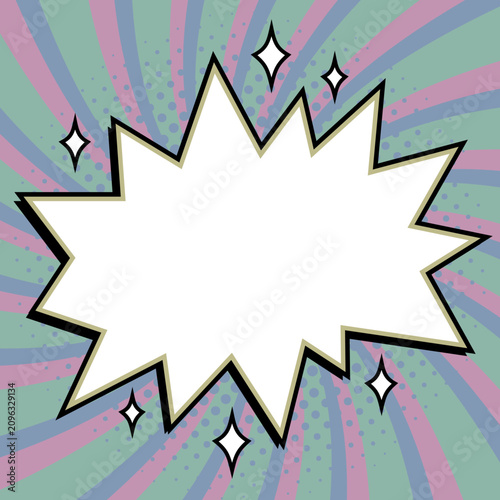 Comic starburst text box with star shape bubble on mint green and purple spir...