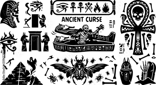 Konstfotografi Ancient Curse Egyptian Silhouette Set – Mummy, Hieroglyph, Sarcophagus, Pharaoh