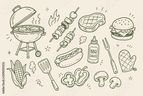 Canvastavla Barbecue grill and outdoor cookout doodle vector illustration with hand drawn BB