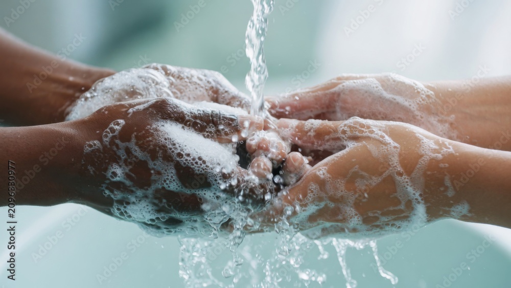 Fototapeta premium Two People Washing Hands Together Under Running Water