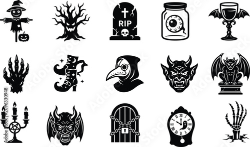 Fényképezés Spooky halloween vector icons collection ghosts skeletons demons and gothic elem