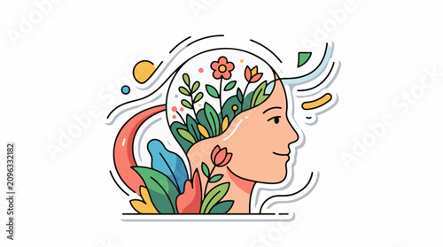 A colorful illustration of a woman's head with flowers and leaves growing out of it
