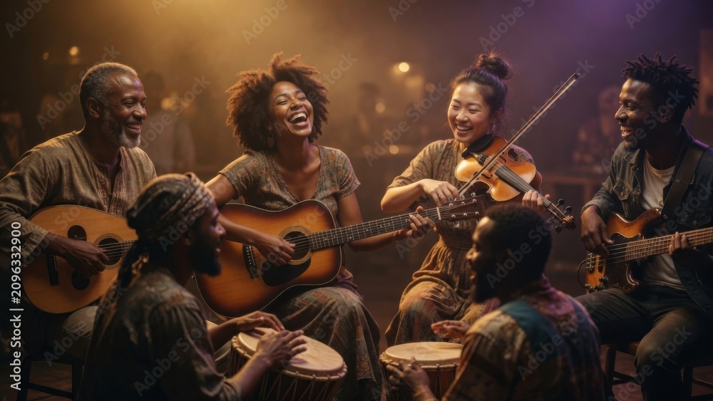 Fototapeta premium Diverse Multicultural Musicians Playing Instruments Together at Night