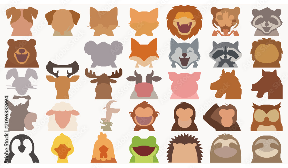 Fototapeta premium Funny Colorful Cartoon Animal Faces Collection for Kids and Mascot Design