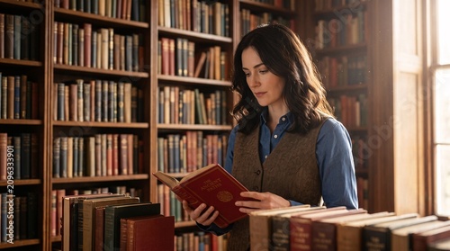 Thoughtful woman deeply engrossed in an old book within a traditional academic library.