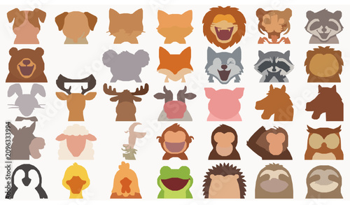 Photography Funny Colorful Cartoon Animal Faces Collection for Kids and Mascot Design