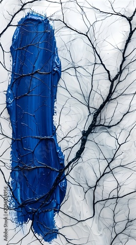 Abstract Blue Paint Stroke With Black Branches and Organic Vein Texture on White Background, Minimal Nature Inspired Artwork for Mobile Wallpaper and Design