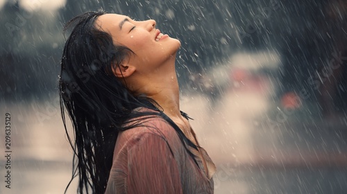 Happy person dancing in the rain with eyes closed fully embracing the joy of the moment and celebrating life