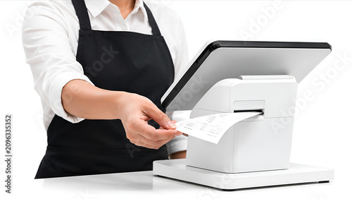 Store Clerk Hand Taking Printed Paper Bill from Modern White POS Cash Register