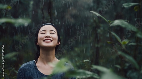 Peaceful woman meditating in a tranquil forest during rain with eyes closed and a smile embracing the serenity of nature