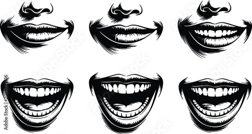 Foto Black and White Silhouette Vector Set of Smiling Mouths and Noses Showing Variou