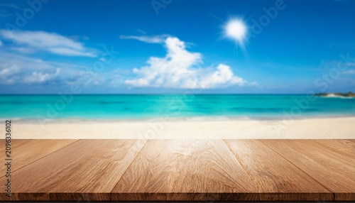 wood table top and blurred summer beach and sky background can used for display or montage your products