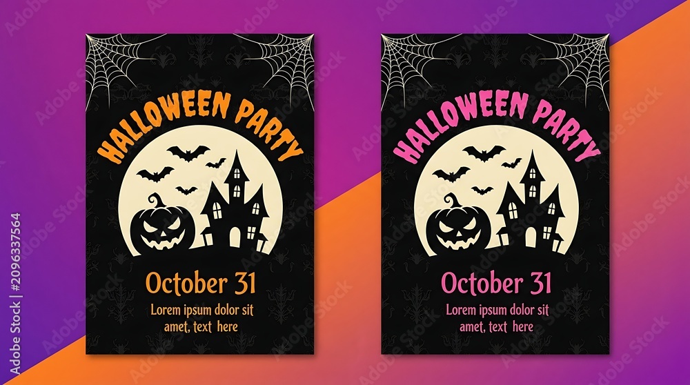 Obraz premium Halloween party invitations, black cards with orange and purple text, spooky silhouettes, October 31st flyers
