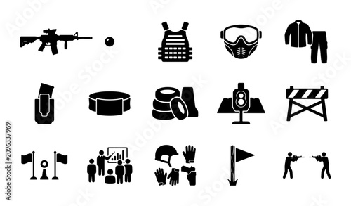 Canvastavla 70 Paintball Gear and Equipment Icons: Rifle, Vest, Goggles, Uniform, Balls, Tra