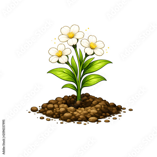 Cute flowering plant icon with white blossoms growing in fertile soil. Isolated gardening illustration representing blooming flowers, healthy growth, spring season, nature, and plant care.
