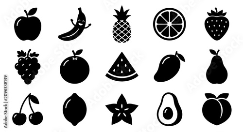 Foto 70 15 Black Fruit Icons Set, Healthy Food Graphics, Fresh Produce Vector Collect