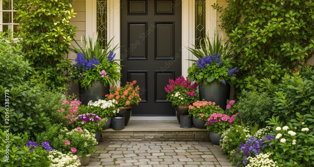 Fototapeta premium Elegant Front Door Garden Arrangement with Flower Pots and Lush Greenery in a Cozy Setting