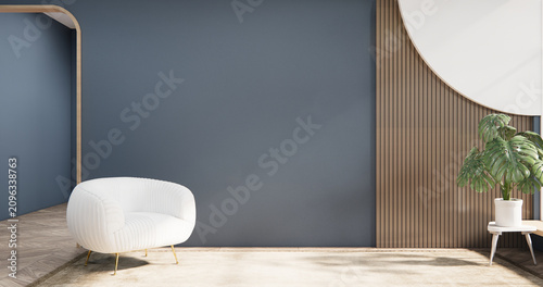 Tv cabinet in modern zen living room on dark blue wall background,3d rendering