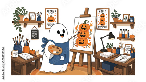 Cute ghost artist painting pumpkins on an easel in a cozy studio setting