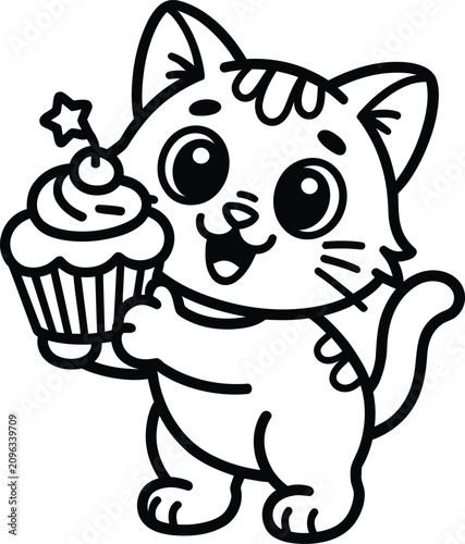 Cute kitten holding a cupcake vector graphic with celebration birthday illustration standing whiskers