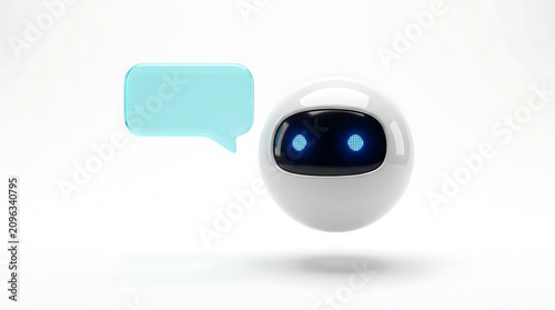 Chatbot Communication Icon: A clean, modern design featuring a spherical chatbot with glowing blue eyes and a speech bubble, symbolizing digital assistance and artificial intelligence.