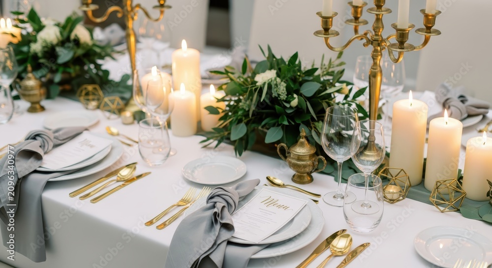 Fototapeta premium Luxury Wedding Reception Table Decor with Gold Flatware, White Candles, and Eucalyptus Greenery