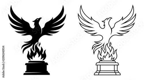 Tableau sur toile Phoenix Rising Silhouette With Flames Black And White Vector Illustration