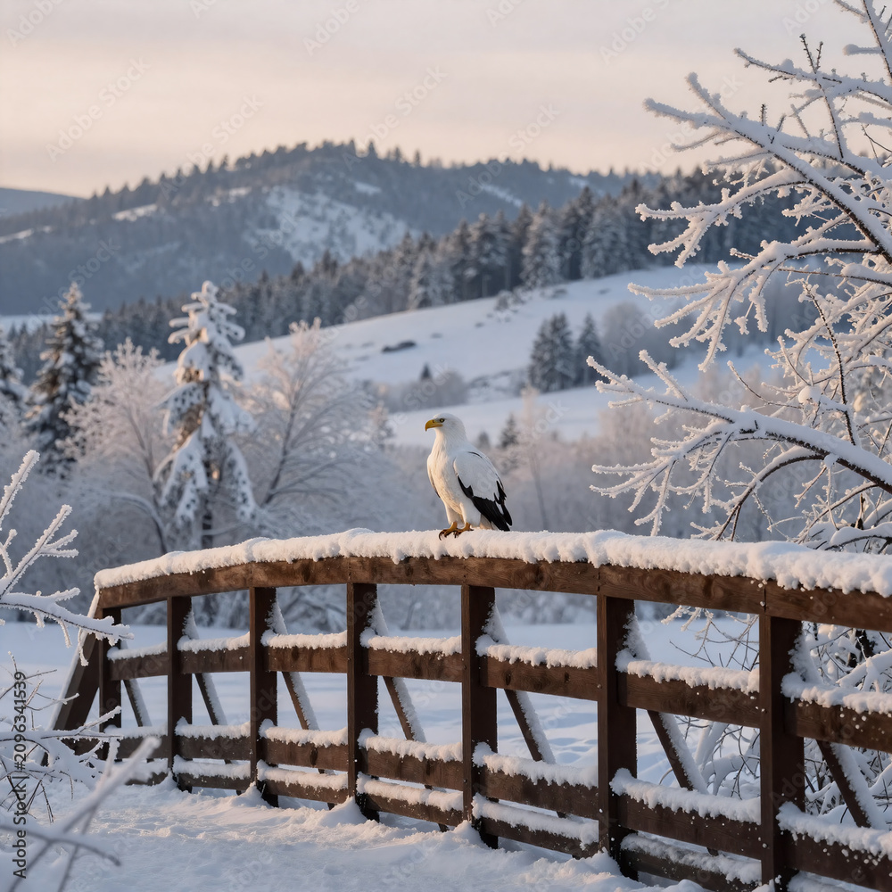 Fototapeta premium Surreal Bridge Covered. Snowy Bridge Scene In Winter'S Evening, Southern Oregon'S Eagle Point