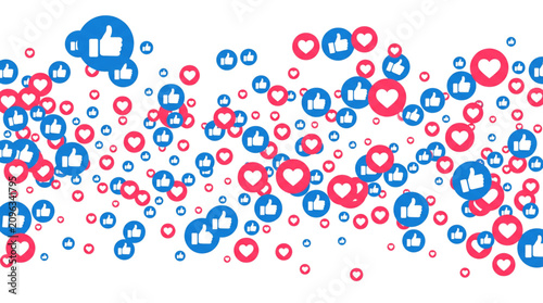 Horizontal stream pattern of social media thumbs up like icons and heart floating reaction buttons in SVG format with a transparent background