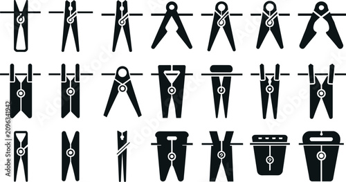 Clothespin icon vector set featuring black minimalist laundry pegs, clothes pins hanging on a washing line, household laundry service symbols, and utility line art elements.