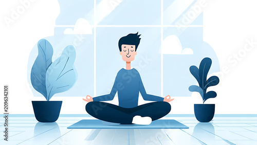 Man meditating peacefully in a serene indoor setting with potted plants