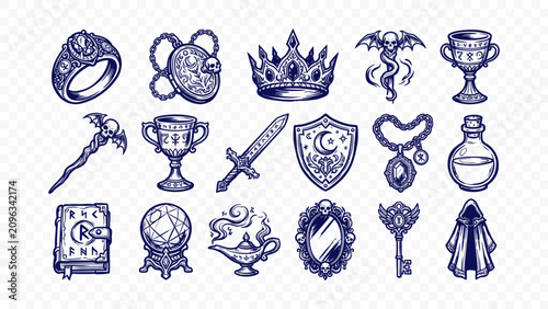 Photos rpg treasures adventure and medieval game doodle handmade ink scribble flat line