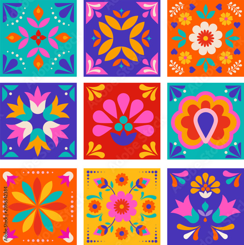 National Hispanic heritage month and Day of the Dead floral tiles background. Colorful vector illustration with geometric papel picado folk pattern.