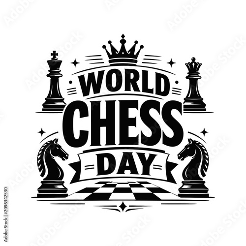 Bild auf Leinwand World Chess Day Retro Typography Design with Cartoon Chess Pieces and Comic Styl