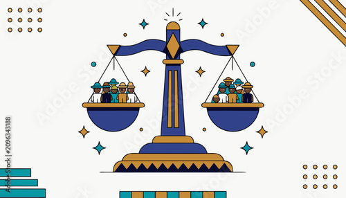 Photos Bold vector illustration of a giant balanced scale of justice carrying diverse g