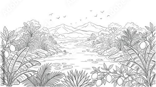Foto Black and white line art coloring page depicting tropical nature landscape
