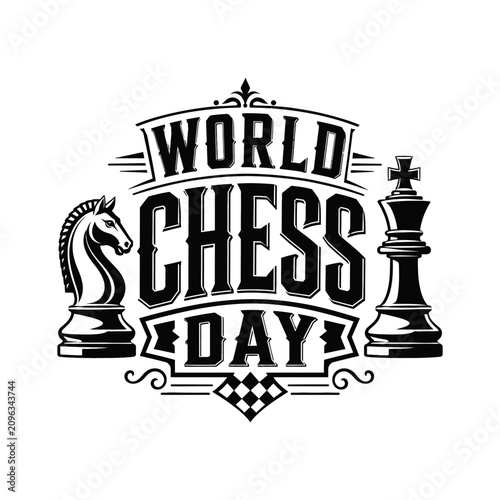 Quadro su tela World Chess Day Retro Typography Design with Cartoon Chess Pieces and Comic Styl