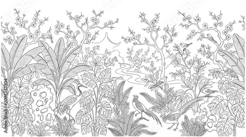 Tableau sur toile Intricate coloring page featuring asian pavilion in flowering spring garden